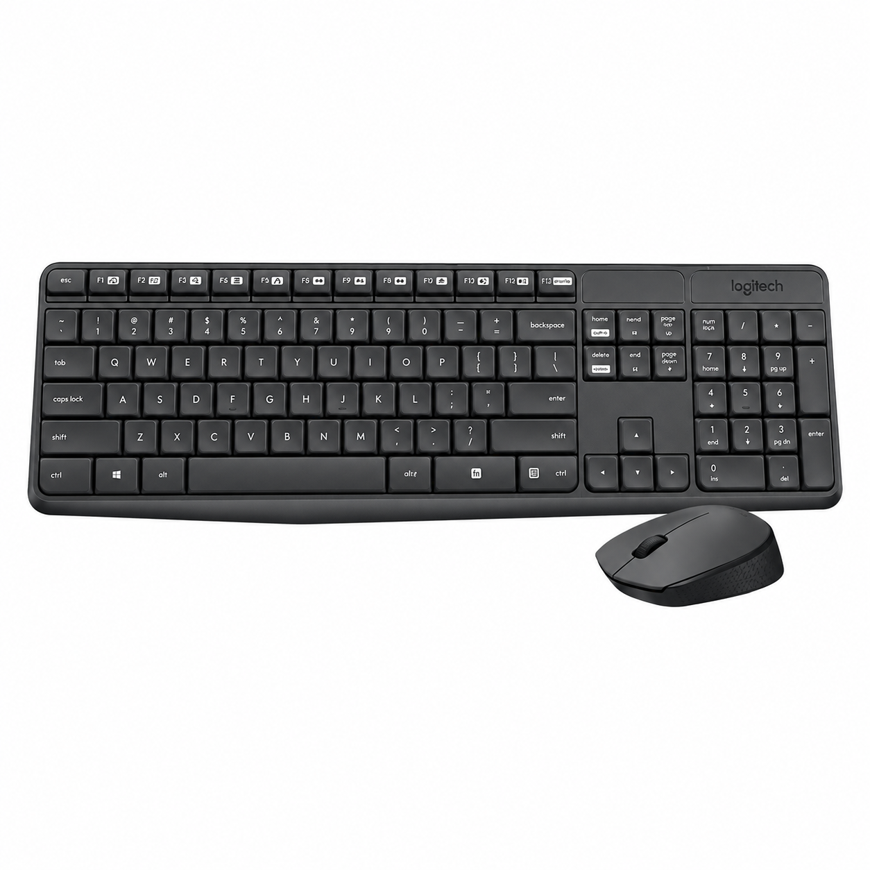 Logitech MK235 wireless keyboard and mouse combo front view showing the full-size grey Arabic keyboard with numeric keypad and matching wireless mouse