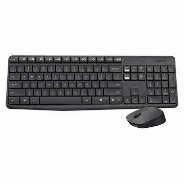 Logitech MK235 wireless keyboard and mouse combo front view showing the full-size grey Arabic keyboard with numeric keypad and matching wireless mouse