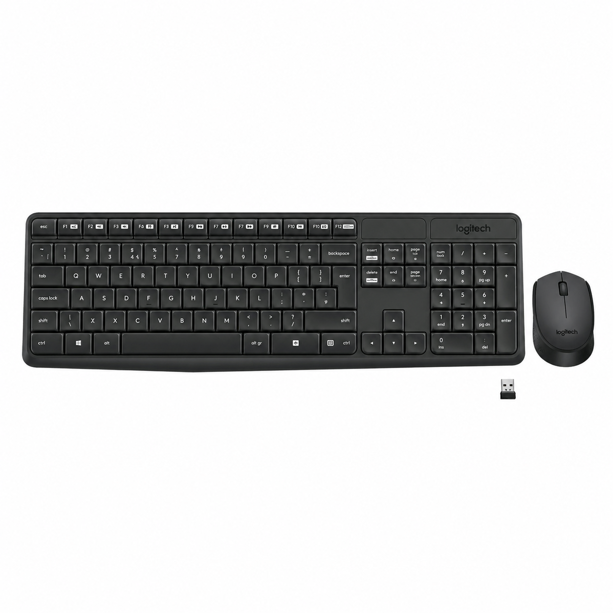 Logitech MK235 wireless combo full set view showing the grey keyboard, wireless mouse and USB receiver