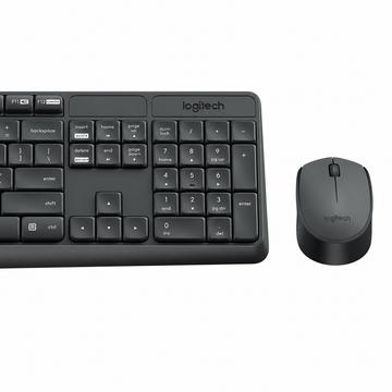 Logitech MK235 wireless keyboard and mouse close-up view showing the Arabic key layout, numeric keypad and matching grey mouse