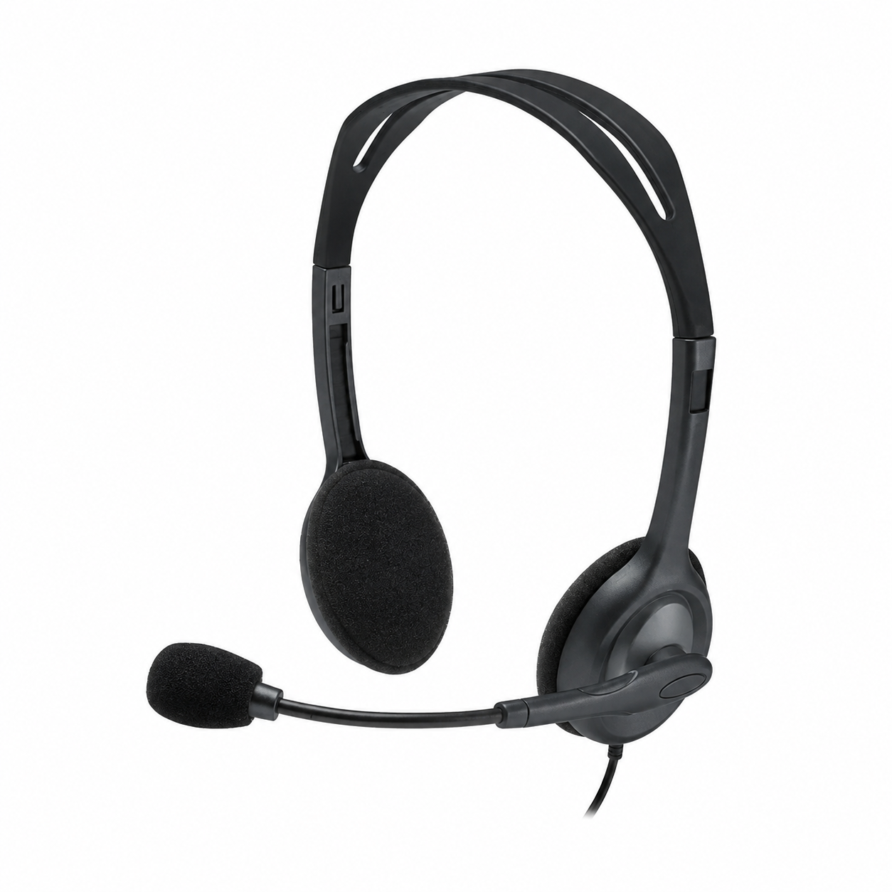 Logitech H111 stereo headset angled front view showing the black on-ear design, adjustable headband and boom microphone