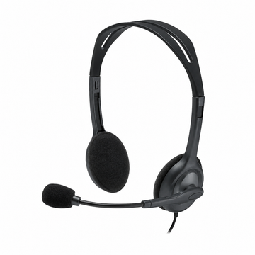 Logitech H111 stereo headset angled front view showing the black on-ear design, adjustable headband and boom microphone