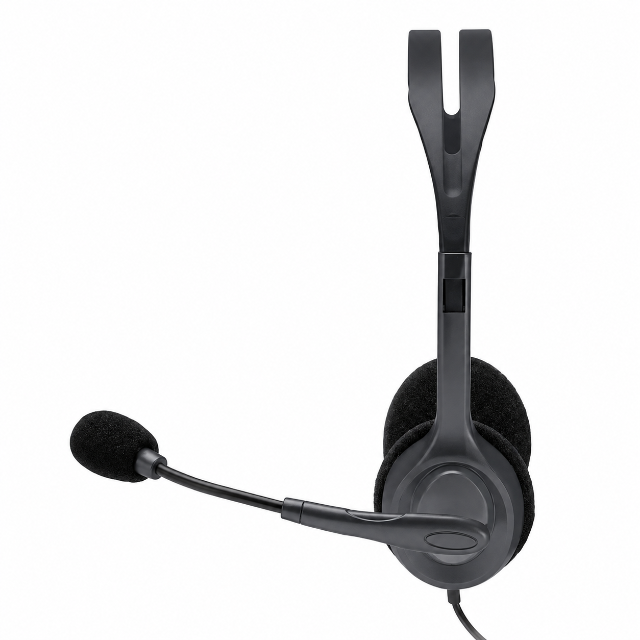 Logitech H111 wired headset side view showing the foam ear cushion and flexible rotating boom microphone