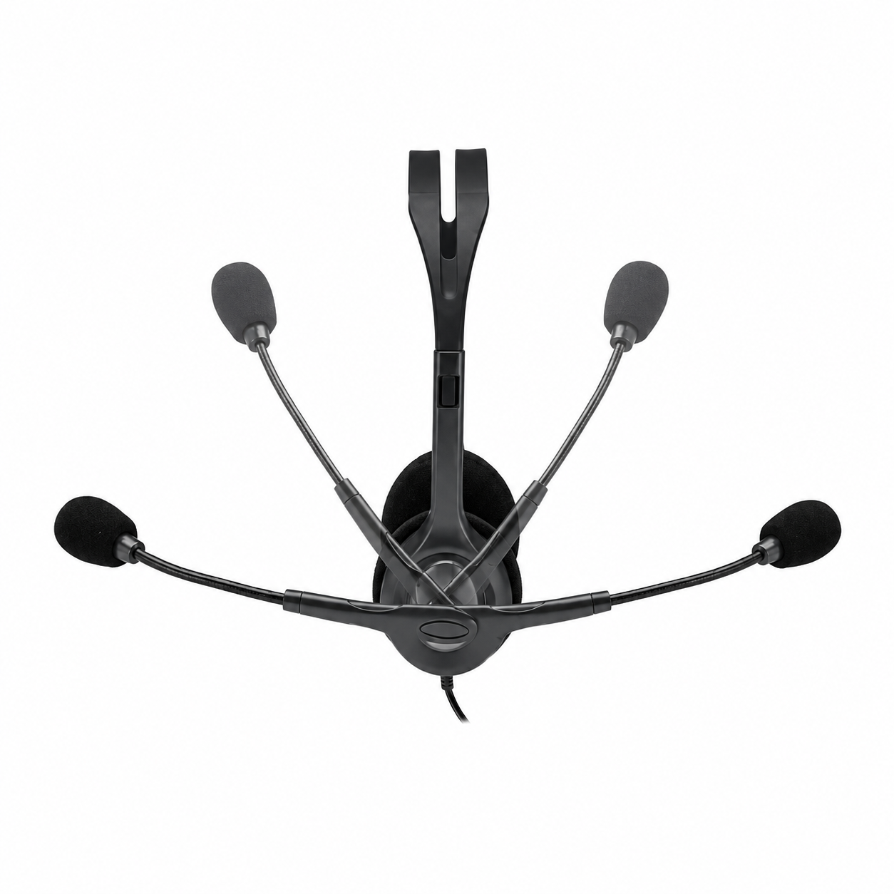 Logitech H111 stereo headset multi-angle view showing the adjustable headband and microphone positioning
