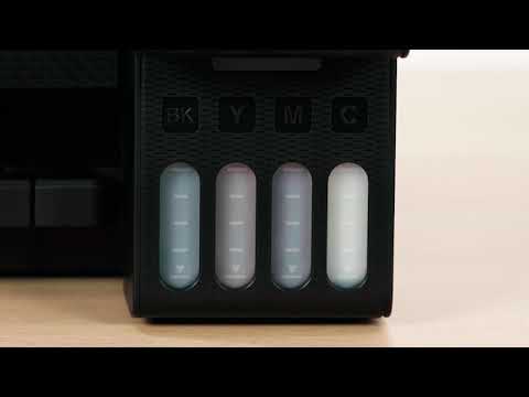 Epson EcoTank L3251 \ L3250 product video demonstrating wireless print, copy and scan functions with front-facing refillable ink tanks