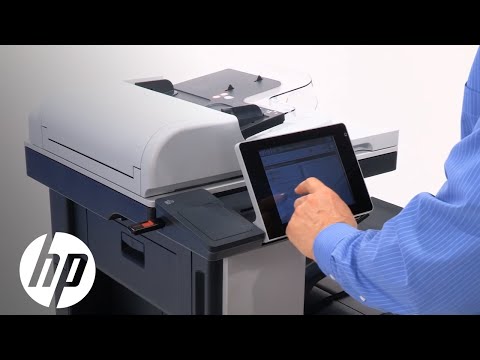 HP LaserJet Enterprise 700 Color MFP M775dn product video thumbnail showing a user operating the touchscreen and document feeder