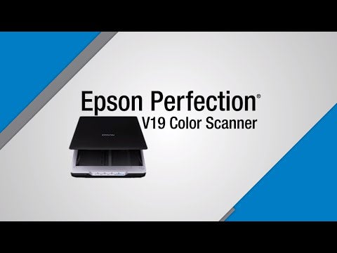 Use only if the video matches: Epson Perfection V19 video showing USB-powered photo and document scanning, one-touch buttons and upright storage