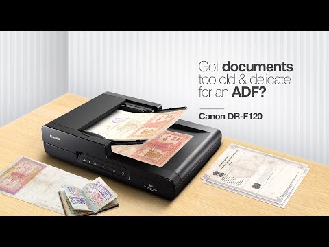 Canon imageFORMULA DR-F120 product video demonstrating duplex ADF scanning, flatbed document capture and searchable PDF workflows