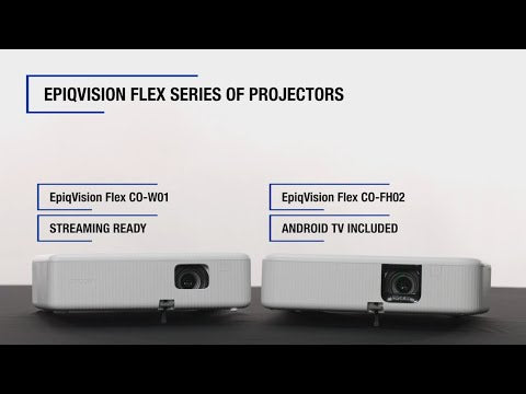 Epson CO-W01 projector video showing 3LCD WXGA projection, HDMI setup and large-screen presentation viewing
