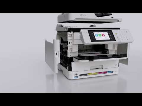Video showing Epson WorkForce Pro WF-C5890DWF A4 color multifunction printer features, including duplex printing, 50-sheet ADF, touchscreen controls and wireless office connectivity.